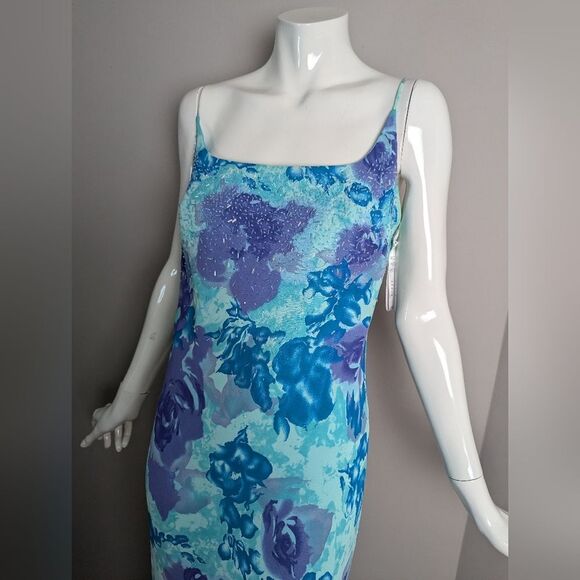 Vintage 90s Floral Maxi Dress Women’s Blue  Purple Beaded Bias Cut 10/12 - Picture 2 of 12